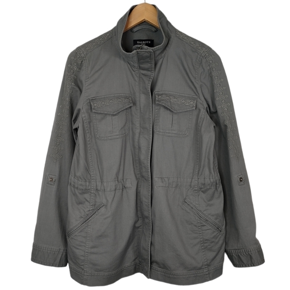 NWOT Talbots Embroidered Full Zipper Snap Button Long Sleeve Utility Jacket